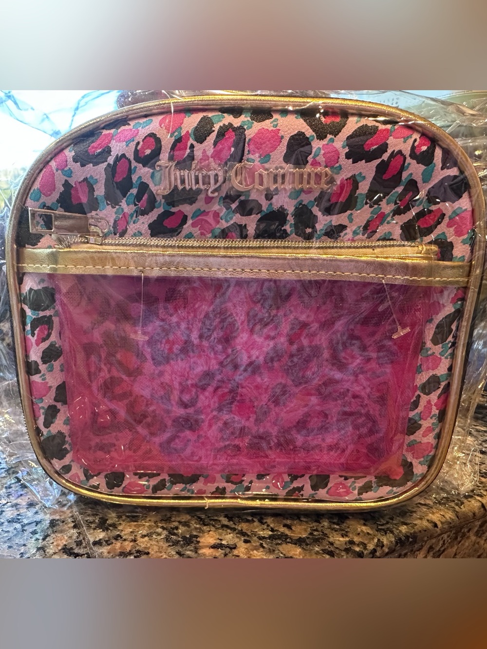 Juicy Couture Pink Black Leopard Print Cosmetic Case / Travel Bag Set NWT - Picture 2 of 9
